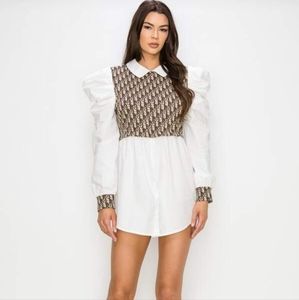 Elegant long puff sleeve blouse, size M, White and Brown color